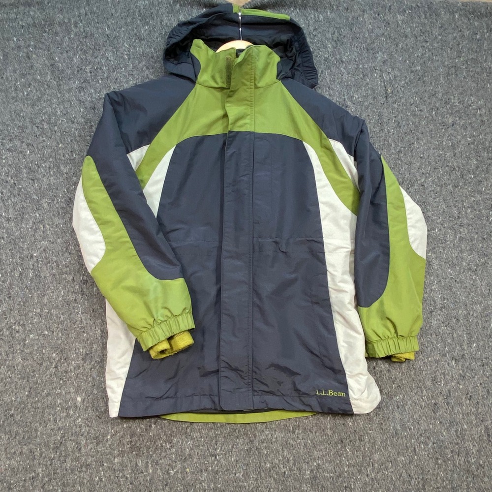 LL Bean Hooded Winter Jacket Sz M Boys Navy Green Colorblock Gorpcore 0GFM4